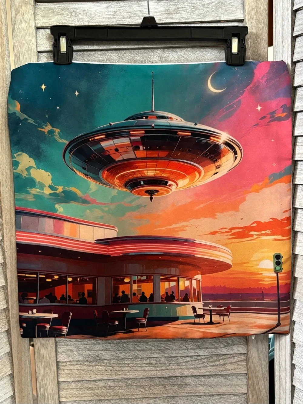 NEW Googie Neon “Twilight Diner” Retro UFO Dopamine Decor Throw Pillow 18”Wx17L